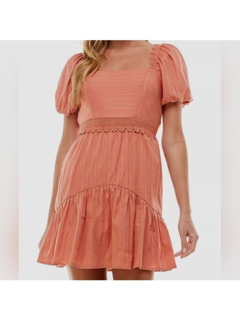 NWT City Studio Womens Orange Lace Trim Puff Sleeve Square Neck Mini Dress LARGE